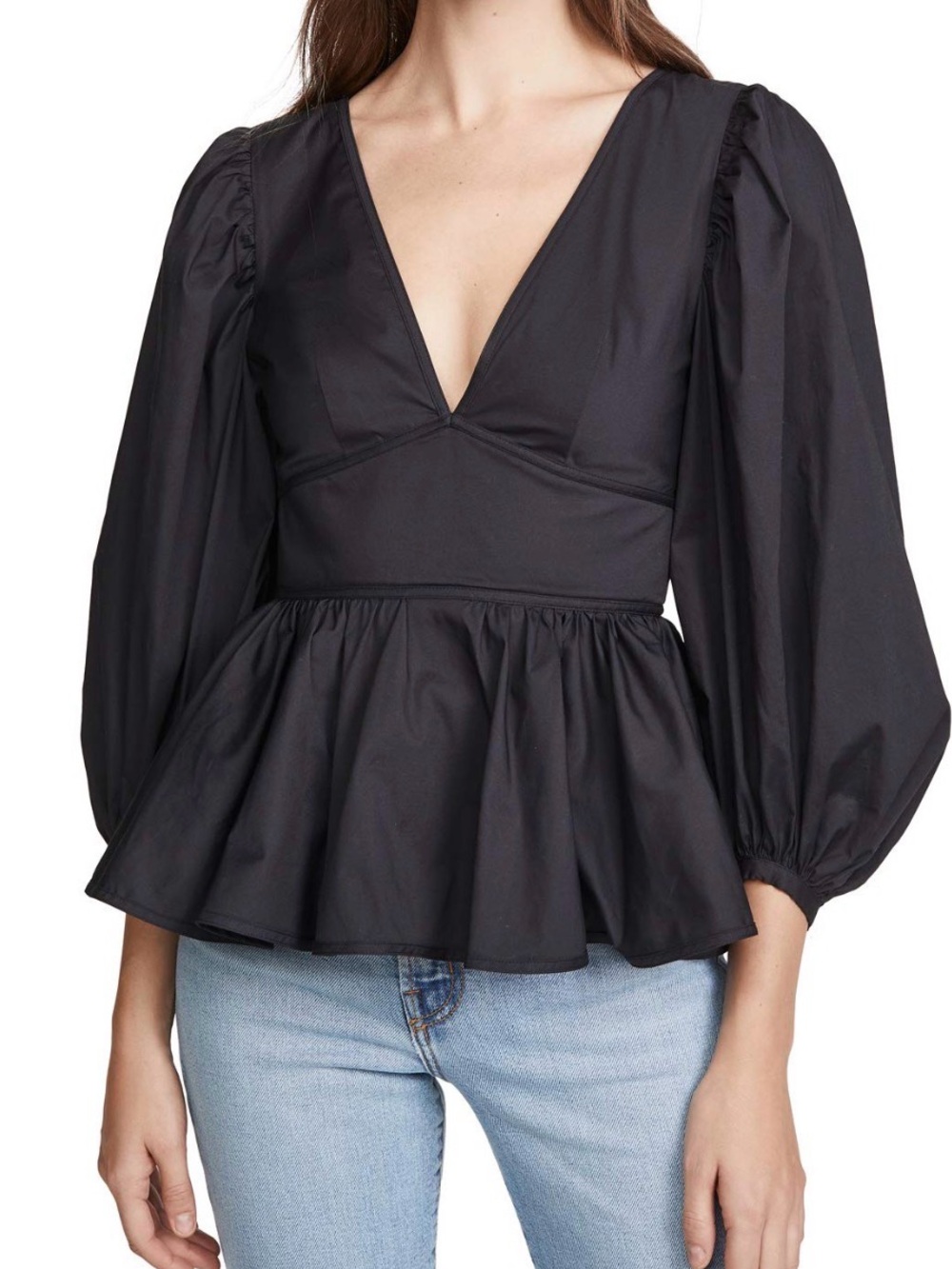 NWT STAUD Luna Black V-Neck Peplum Blouse Balloon Sleeves Size 8